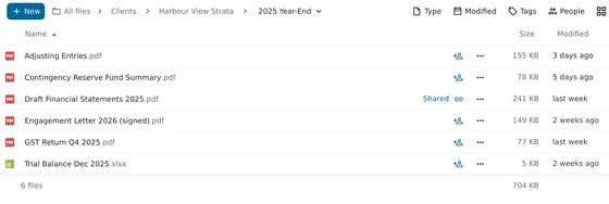Secure file sharing screen showing a client's year-end folder