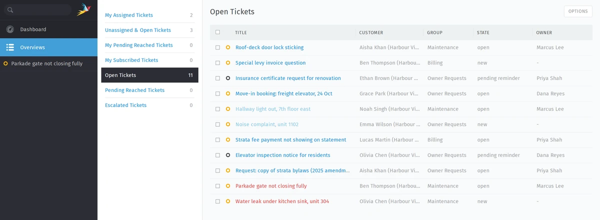 Request list showing open requests with the customer, team, status and owner of each