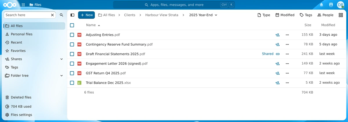 Secure file sharing screen showing a client's year-end folder, with one document shared by secure link