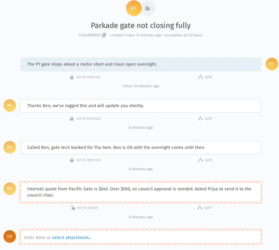 A single request showing the resident's message, the team's replies and an internal note about a repair quote